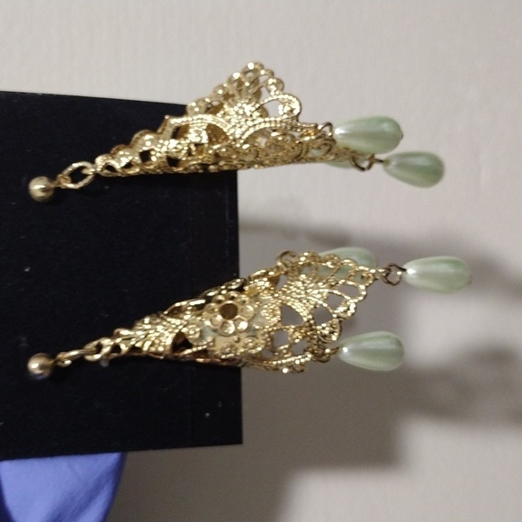 Women's Gold-tone Filigree Cone Shape Design Beaded Drop Dangle Earrings, #3 - Picture 3 of 5